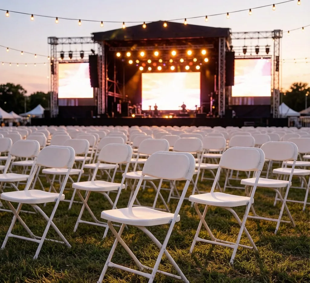 Rows of white folding chairs at an outdoor concert at dusk