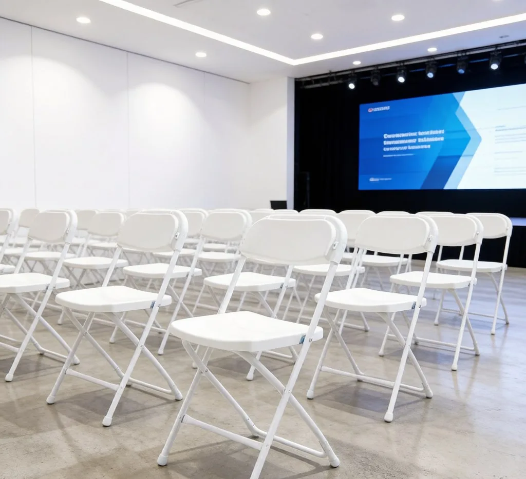 White folding chairs in a modern corporate conference