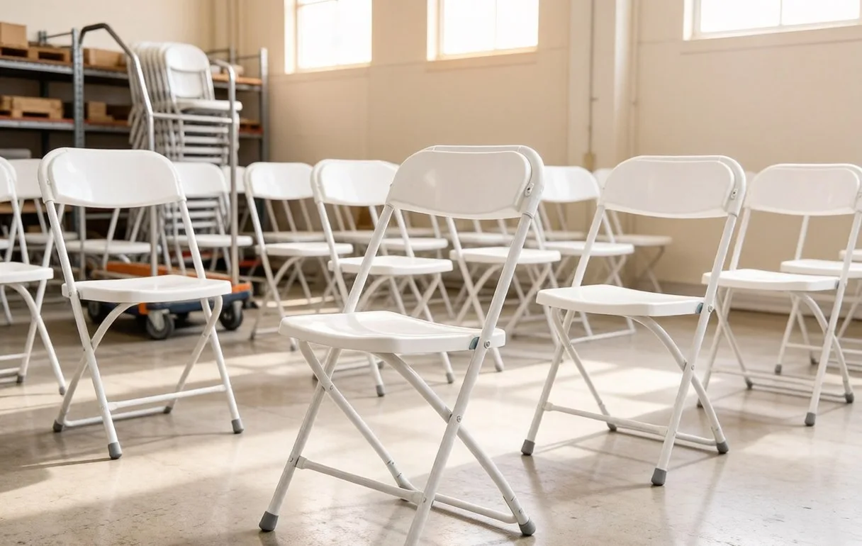 Stacked white folding chairs in a rental warehouse